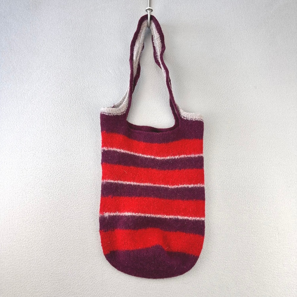Handmade Striped Knit Tote Bag Large Red Purple Boho Boiled Wool Shoulder VTG